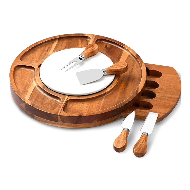 Custom logo modern round charcuterie platter set marble acacia wooden cheese board with knives