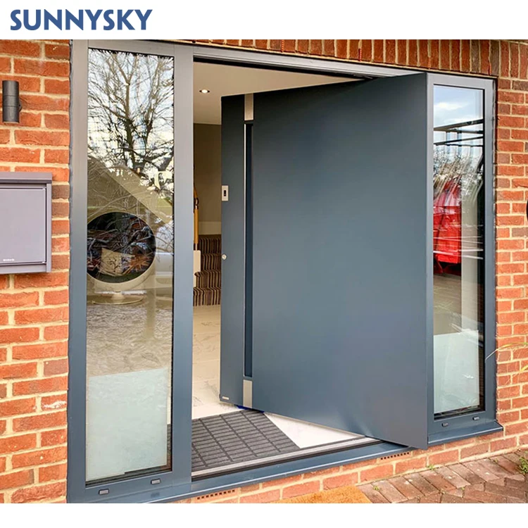 Sunnysky Modern Home Main Entrance Security Entry smart door lock with camera sidelight Aluminum Glass Pivot Door