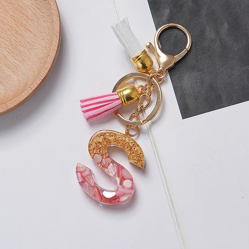 Fashion English initial keychains letter With Pink Blue Tassel A-Z Keyring Glitter Stone Fill Resin letter KeyChain charm Gift