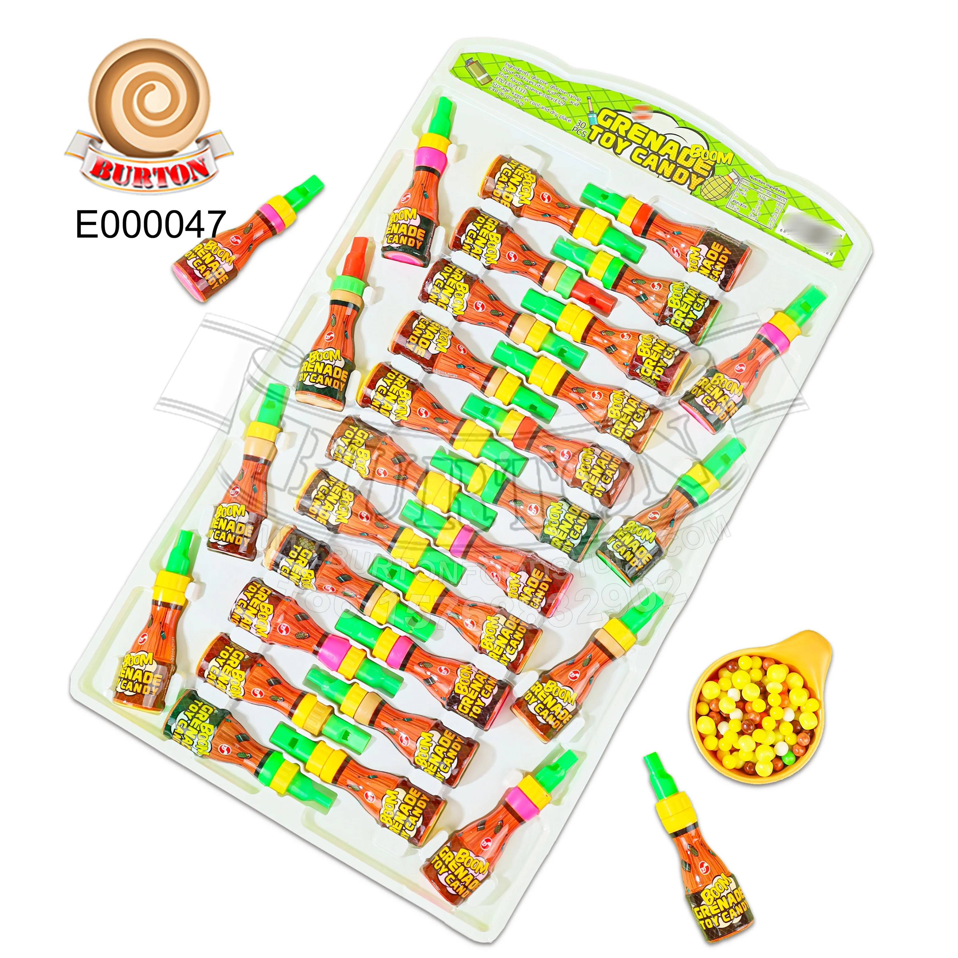 Funny hanging board whistle grenade toy candy with colorful ball candy