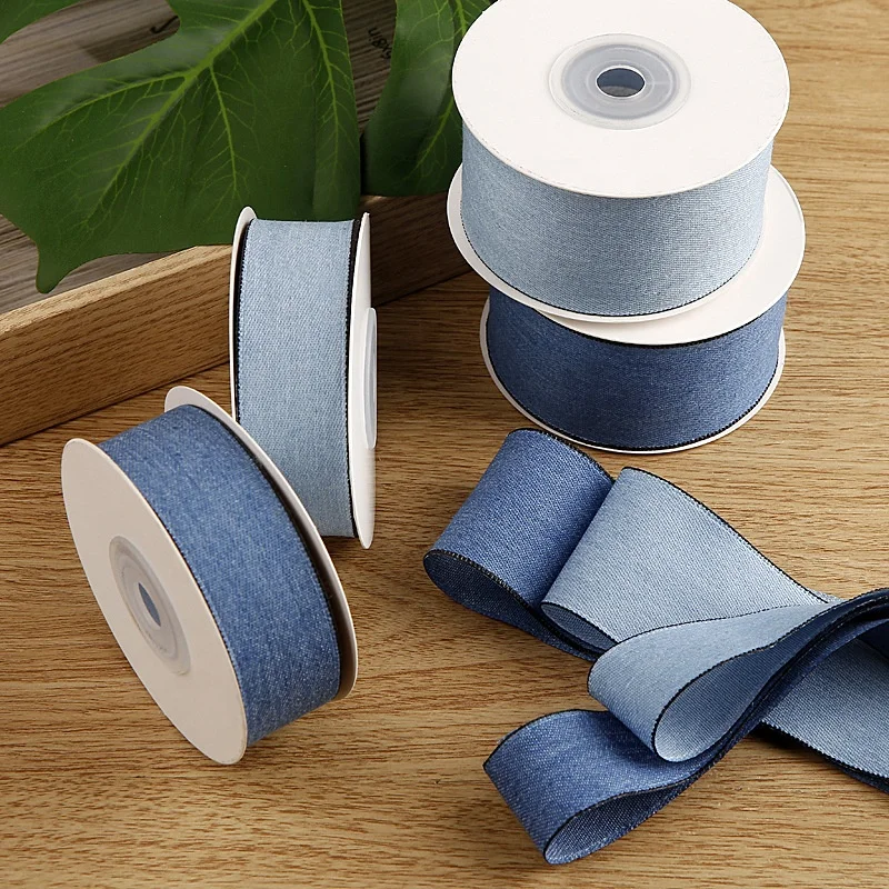 2022 wholesale Korean 25mm 40mm Jeans Fabric wired ribbon soft Solid Stitch Denim Ribbon for girls hair bows garments decoration