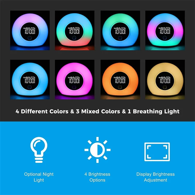 Wireless BT 5.0 Speakers Kids Night Light 4 Level Brightness & Colorful Light Wake Up Light Desktop Alarm Clock