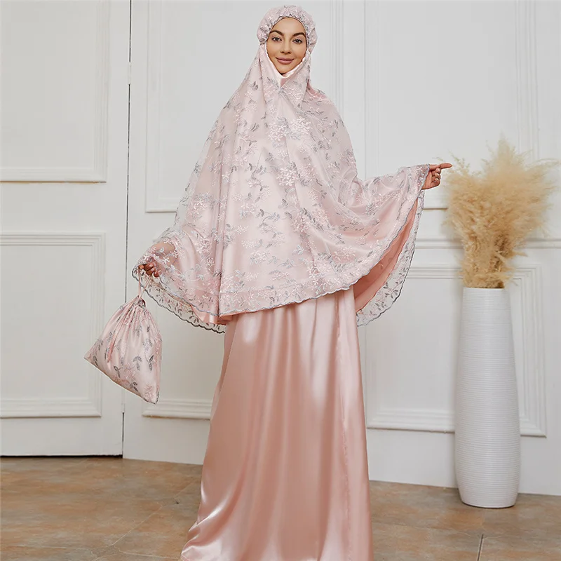 Telekung Lace Embroidery 2 piece Jilbab Abaya Muslim Malaysia Tudung Khimar Dress Satin Luxury Prayer Telekung Jilbab