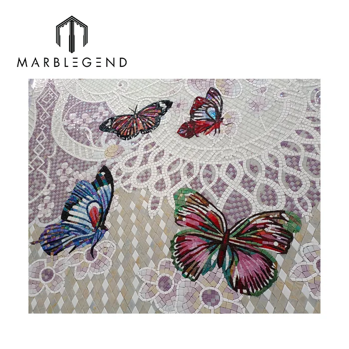 customized glass mosaic hand cut puzzle flower butterfly mosaic pattern glass mosaic mural tile