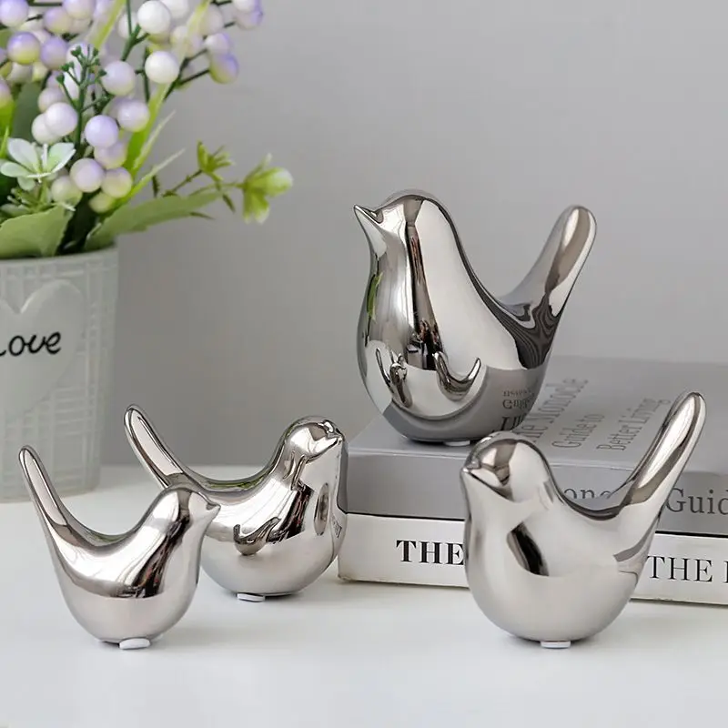 wholesale small animal crafts statues home table decors modern silver bird decorative sculpture ceramic bird figurines ornaments