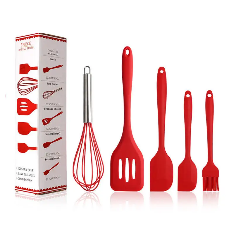 5Pcs Heat Resistant Non Stick Bbq Tools Set Outdoor Barbecue Grill Red Food Grade Silicone Kitchen Cooking Utensils Spatula Set
