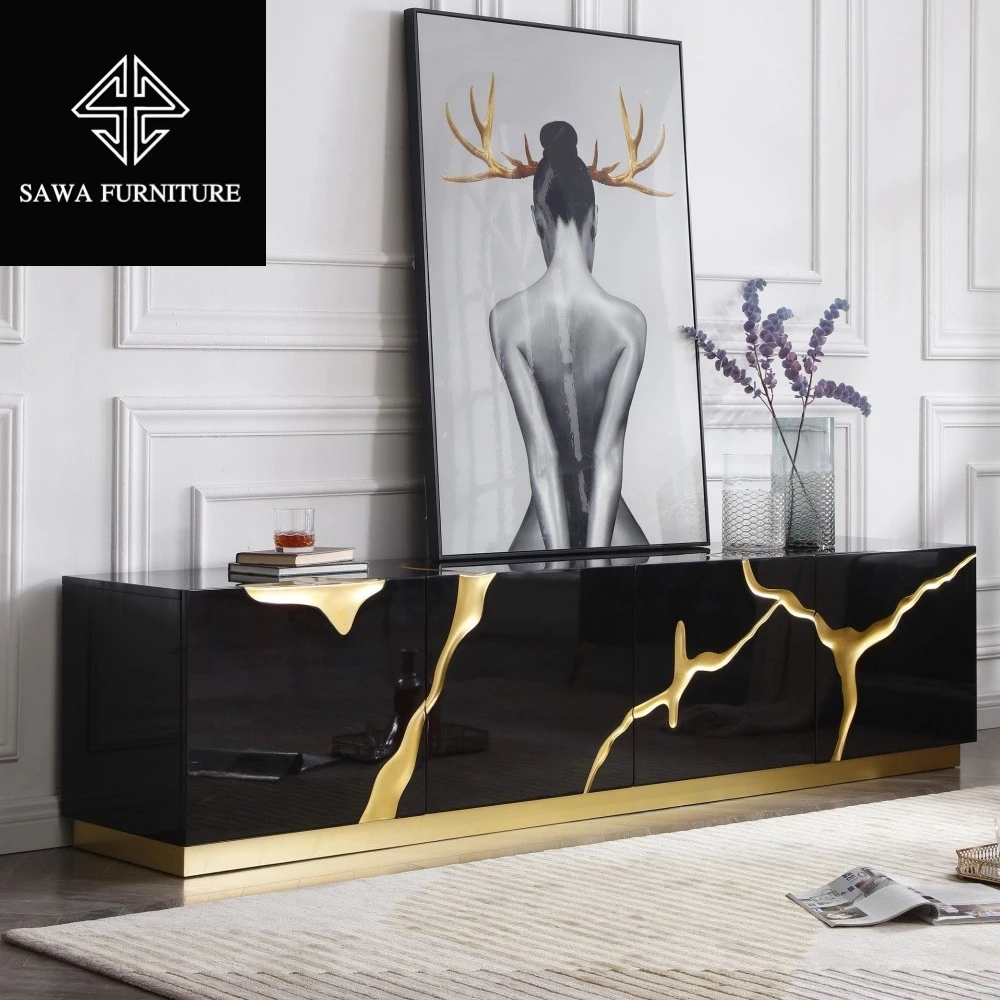 High Quality Luxury Living Room TV Stand Black Mirror Long 4 Door Storage Stand for Home Hotel