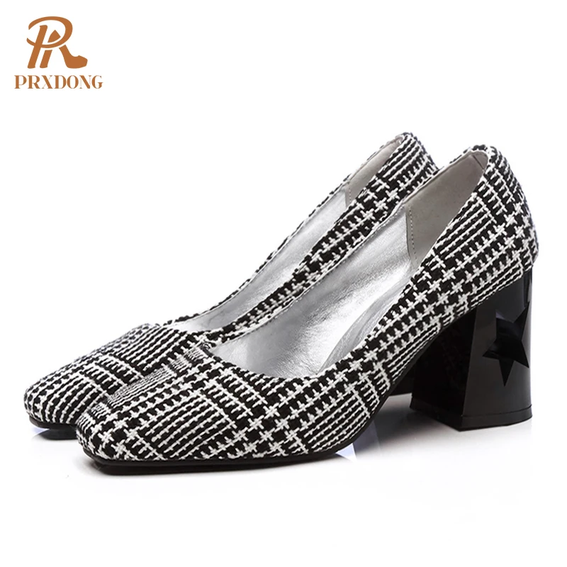 Тканевые женские туфли-лодочки с квадратным носком на толстом высоком каблуке, модные женские туфли-лодочки в клетку на платформе, вечерние Клубные классические туфли, большие размеры