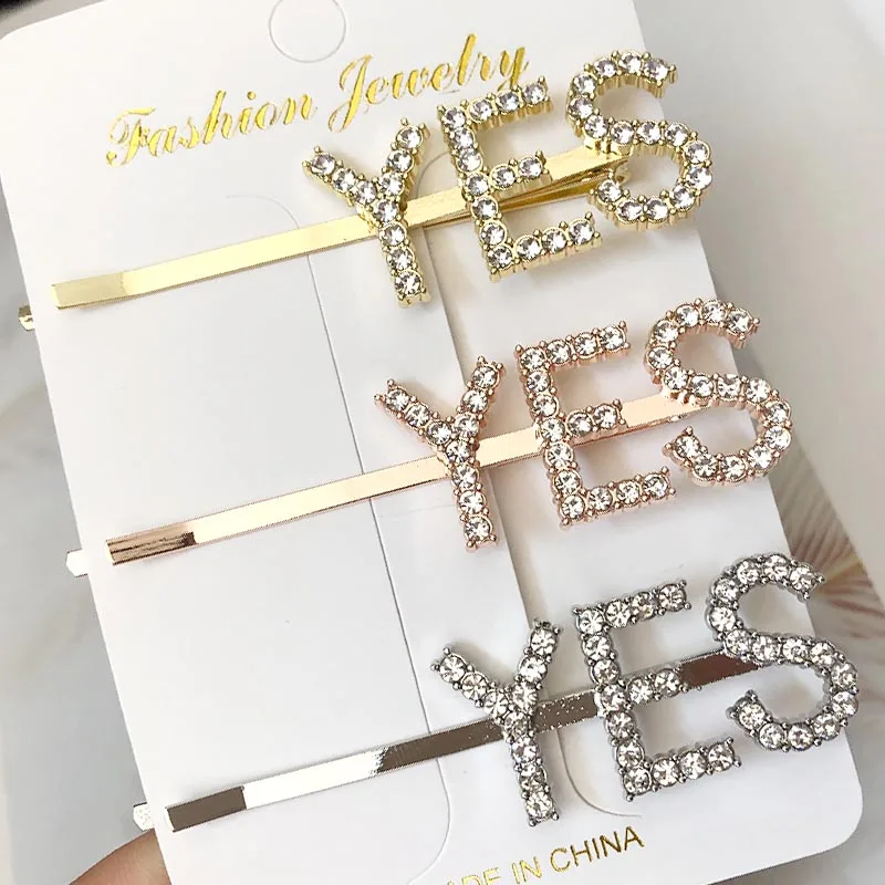 LHP006 Trade assurance Fashion hair pin zircon Rhinestone Custom yes sweet love  letter hair pin for Women jewelry wholesale
