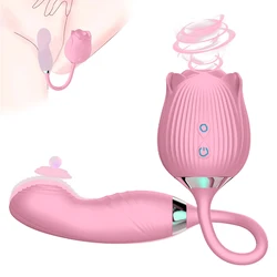 Waterproof Adult Silicone Rose Shaped 2 In 1 Clit Sucker Rose Sex Toys Clitoral Sucking Vibrating Dildo Rose Vibrator For Woman