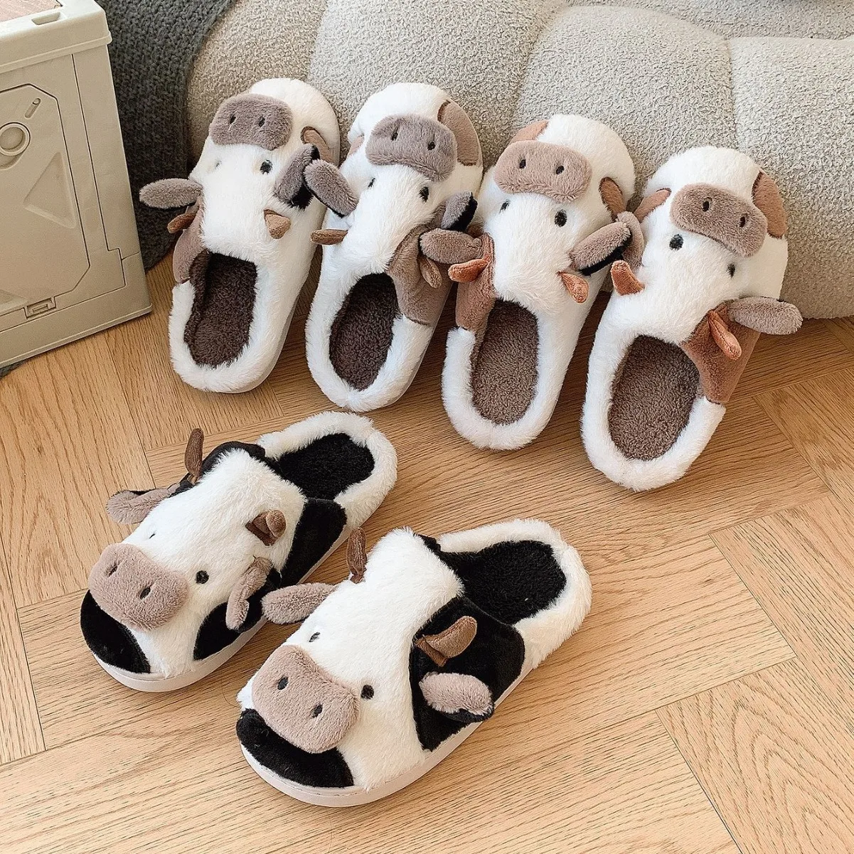 Cartoon Cow Animal Plush Slippers Kids Custom Plush Milk Cow Slippers Indoor Cow Animal Plush Slippers