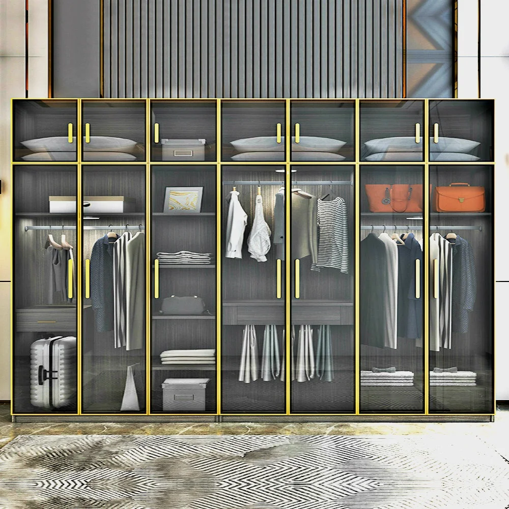 Customized high-end aluminum frame glass door smart sensor LED light modern design kids wardrobe cabinet modern