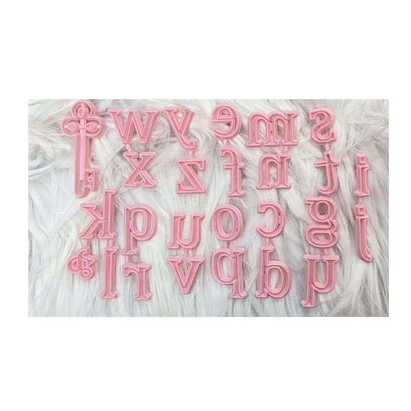 
28PCS English Letter Upper and Lower Case Plastic Biscuit Moulding Mould Number Chocolate Cake Fondant Cutting Mould Accessories 