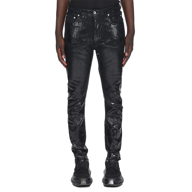 DiZNEW Mens Custom Logo Black Waxxed Slim Skinny Wax Denim Waxed Coated Stacked Jeans Men