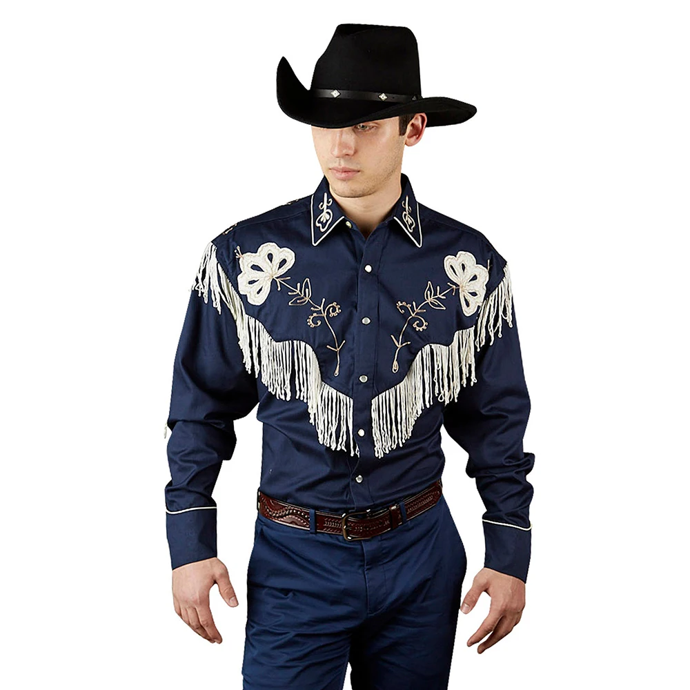 Custom Made Vintage Tassels Embroidered Curve Hem Lapel Collar Button-Up Western Cotton Shirt For Men