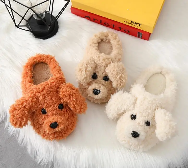 Novelty Unisex 3D Cartoon Fluffy Plush Teddy Bear Fur Dog Lady Women Cozy Indoor House Slippers