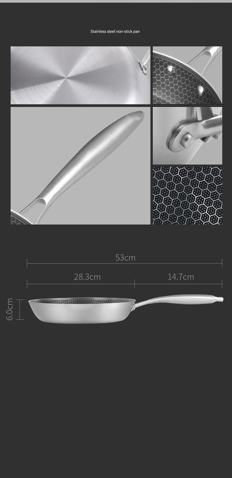Non-stick Hybrid Cookware 304 Stainless steel Eco-friendly Honeycomb  Frying Pan hex clad Flat Pot induction Multi Functional