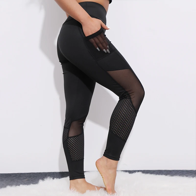 
CHRLEISURE Pocket Mesh Workout Leggings Women Sexy Activewear Push Up Pant Elastic Heart shaped High Waist Fitness Leggings 