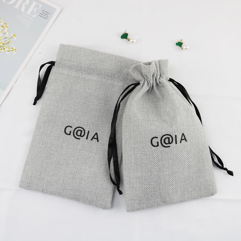 Wholesale custom logo drawstring jute bag grey linen burlap drawstring bag gift Natural Jute Drawstring Pouch Jewelry Gift Pouch