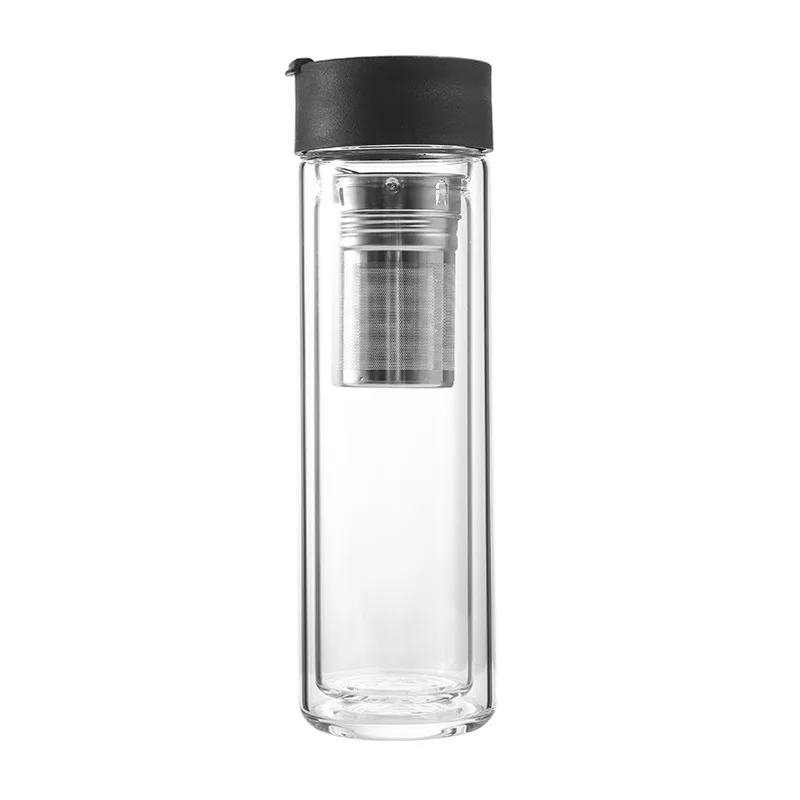 Wholesale 450ml customized logo double wall glass water bottle with tea infuser