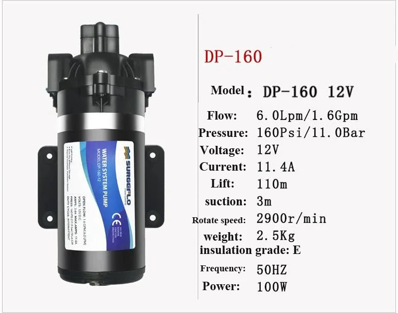 Pressure water Pump Dp-160  Diaphragm water pump 12V  Flow 3.1L/min  Press. 35psi