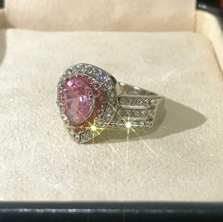 Liberty Gifts High Quality Multiple Layer pink Water Drop Full Rhinestone Ring Engagement Jewelry Finger Boutique for Women Girl