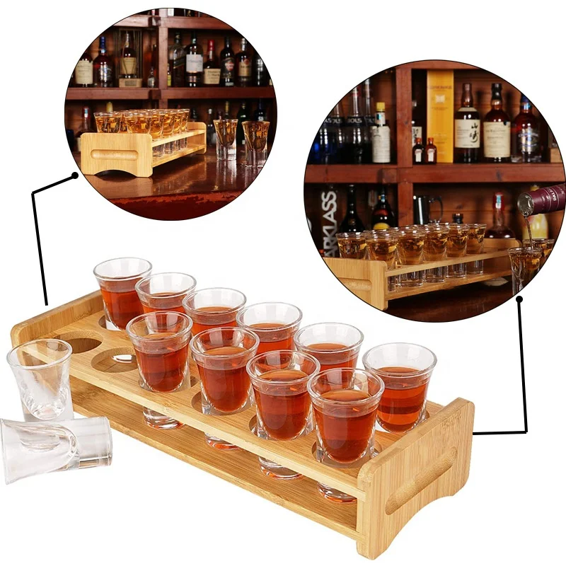 Bamboo Barware Tool  Beer Flight Board Whisky Liquor Shot Glass Tasting Serving Paddle Rack Wine Cup Holder Tray for Bar