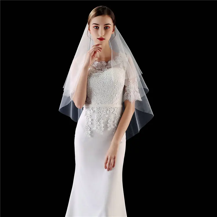 QS wholesale cheaper two layer party Wedding Bridal Veil with Comb White Ivory Cut Edge Waltz Length
