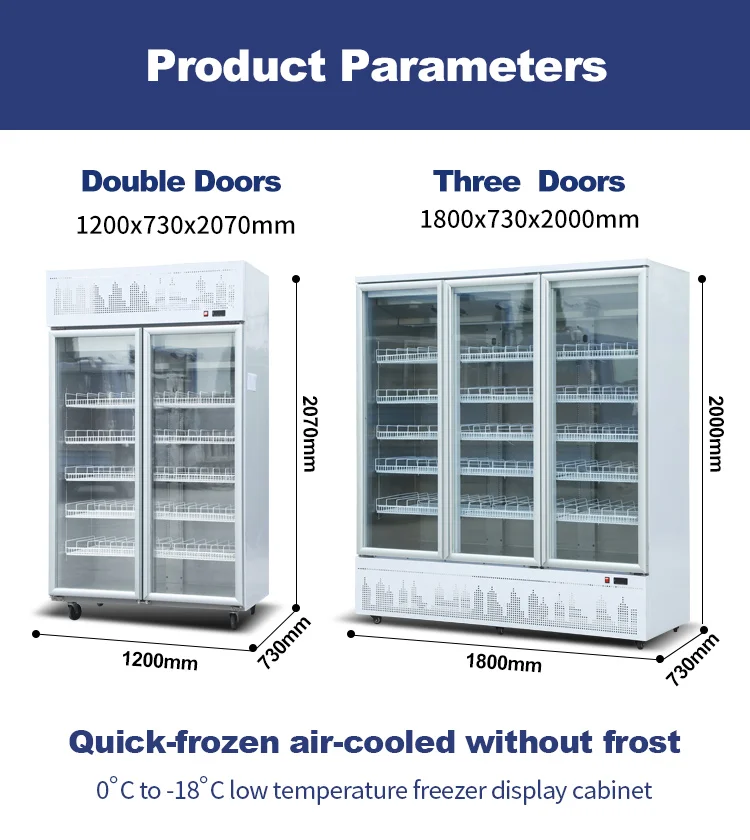 Commercial supermarket  big freezer 3 glass door display seafood frozen freezer with air fan