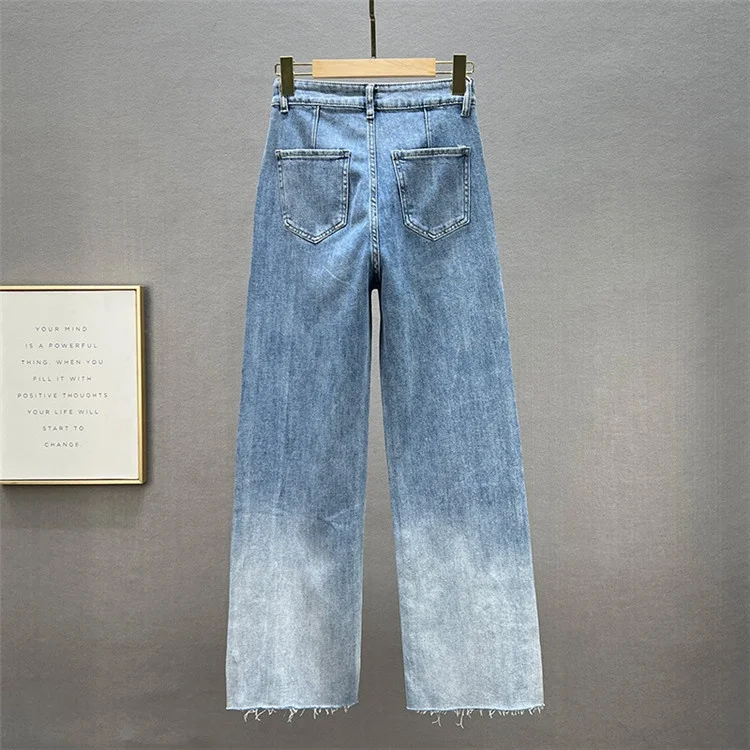 Loose Straight Jeans Women Chinese Tradition Asymmetric Drill Frog Demin Pant
