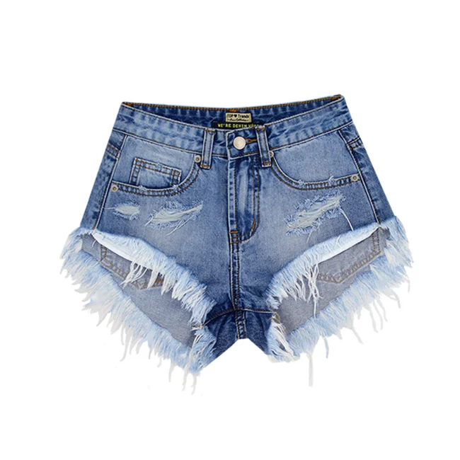 Fashion high waist jeans washed raw edge ripped sexy women denim short
