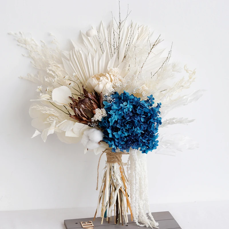 CH-010 hot selling white dry palm grass boho dried preserved hydrangea pampas grass bouquet wedding for bride