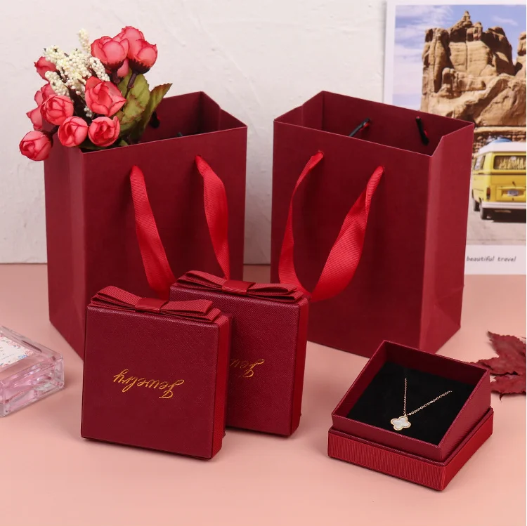 
wholesale Custom Paper Jewelry Boxes With Logo Packaging Vintage Wine Red Bow Jewelry Box Luxury Necklace Ring Gift Boxes 