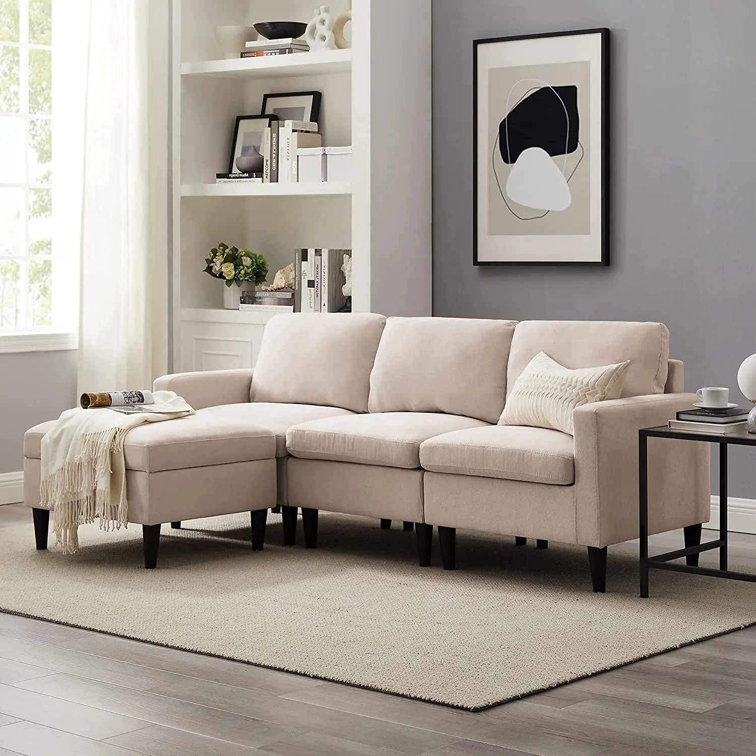 Оптовая продажа, маленькая Европейская секционная диван из льняной ткани для гостиной с ящиком для хранения дивана