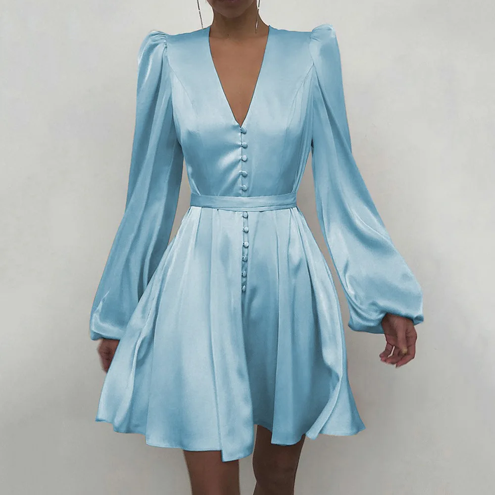High quality ODM customized long puff sleeve plain dyed v neck elegant shiny satin A line women casual dresses