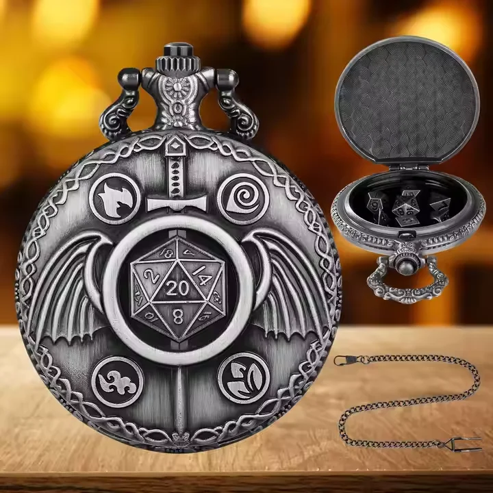 Фантазия D20 Драконий меч DND мини-кости ящик для хранения подземелий и драконов Набор кубиков с архаистическим металлическим карманным корпусом часов