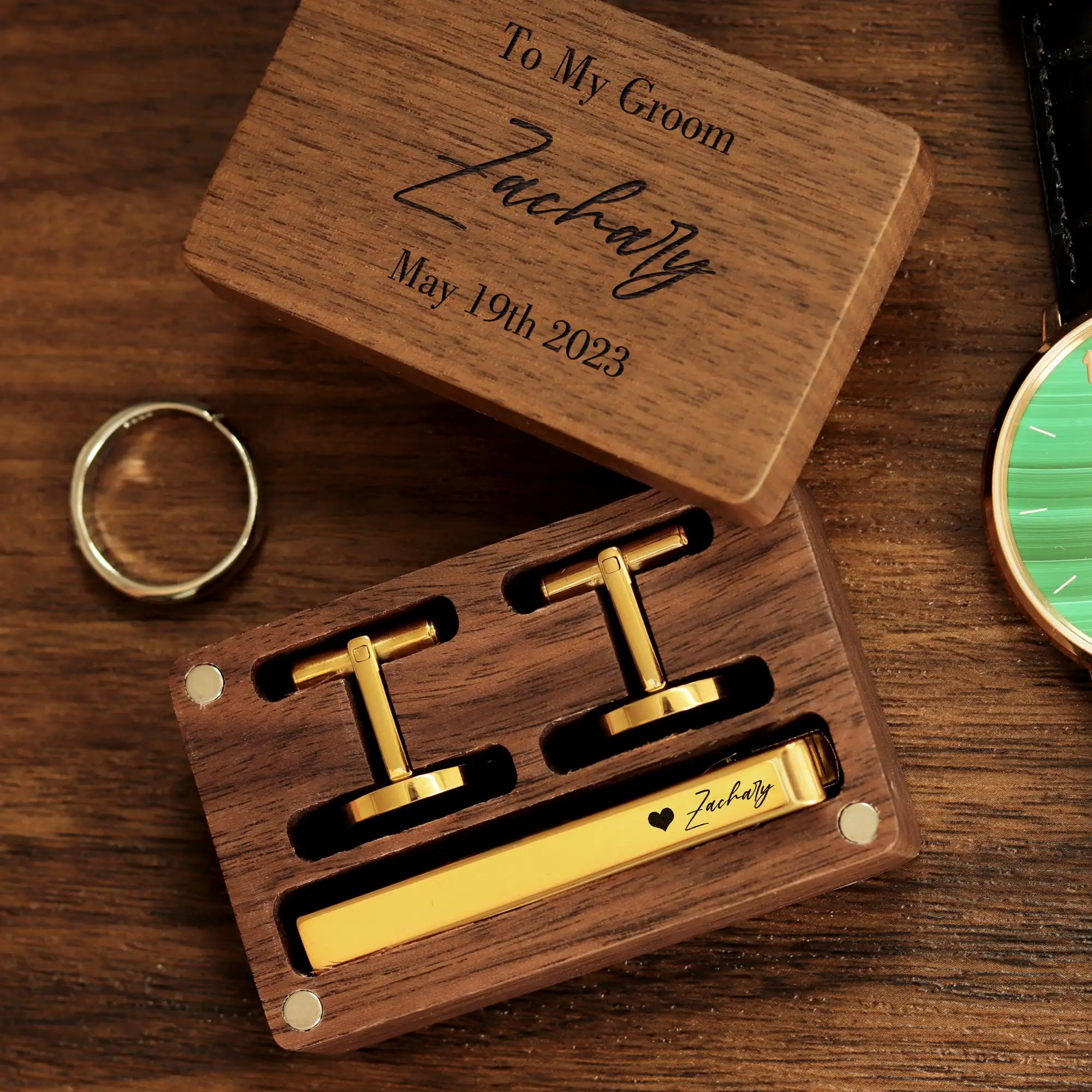 Personalized Name Cufflinks in Wooden Box Groomsmen Gifts and Bachelor Party Gift for Dad for Wedding or Engagement