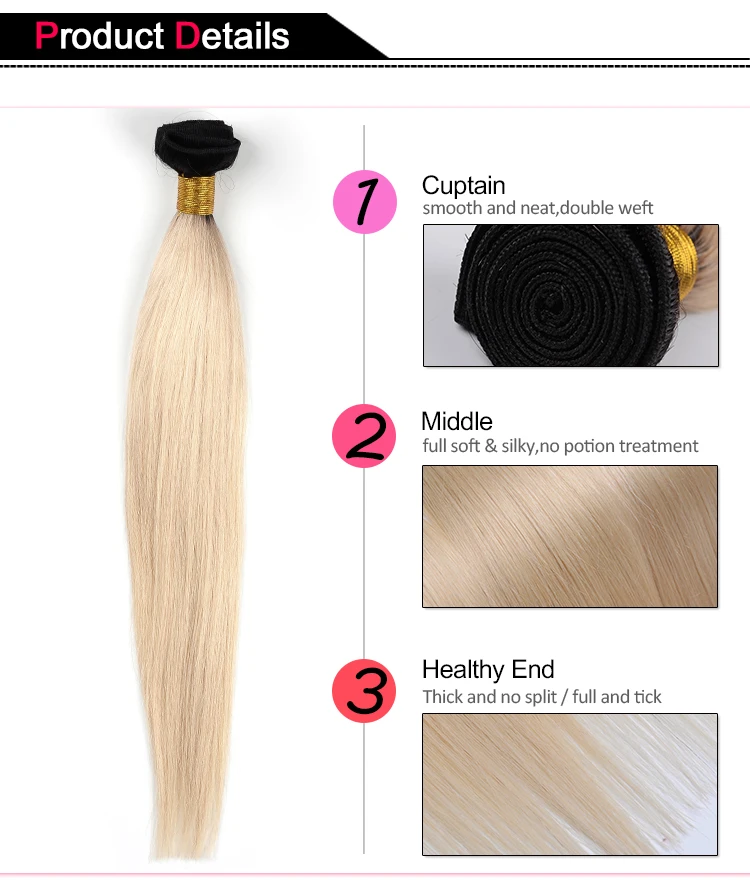 brazilian huhman Hair 2 Tone Dark Roots  Blonde Hair 3 Bundles With Lace Closure 1B/613 Color Hair Weft