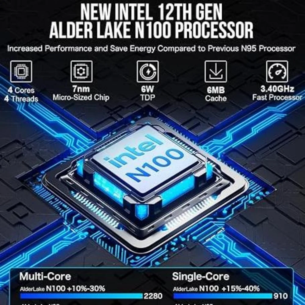 Ultra Thin Adhesive Pocket Computer Alder Lake N100 CPU Mini Computer Supports 2.4G and 5.0G WiFi Gigabit Ethernet Black