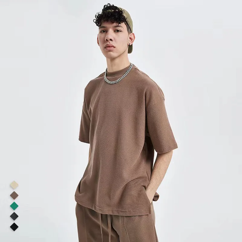 Custom  Tshirt Waffle Mens Plain Texture Knitted Waffle Short Sleeve T-Shirt