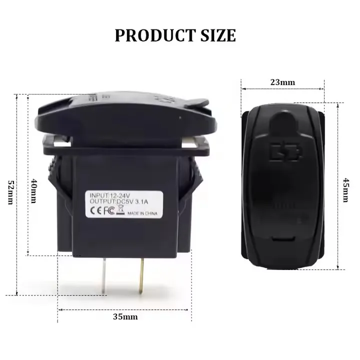 Waterproof 12V 24V 3.1A Rocker Switch Panel Mount Double Port Dual USB Charger Charging Socket for Bus Car