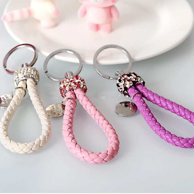 
Fashion Handmade Rhinestone Leather Rope Woven Keychain Metal key rings Key Chains Holder Gift for Auto Key Storage 
