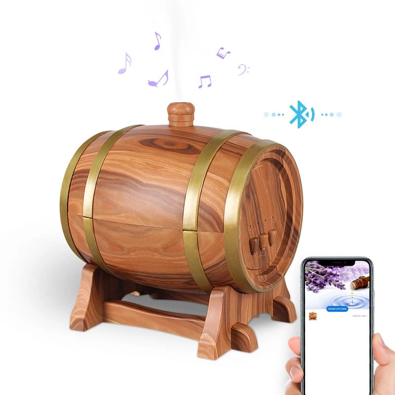 Hot Selling Smart Wood Grain Wine Barrel Aroma Diffuser 350ml Blue Tooth 7 Led Light Aroamtherapy Diffuser