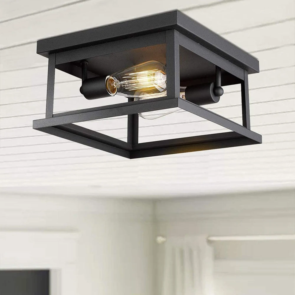 Modern Crystal Design Matt Black 2-Light Square Ceiling Lamp Flush Mount Indoor Home Lighting for Living Room