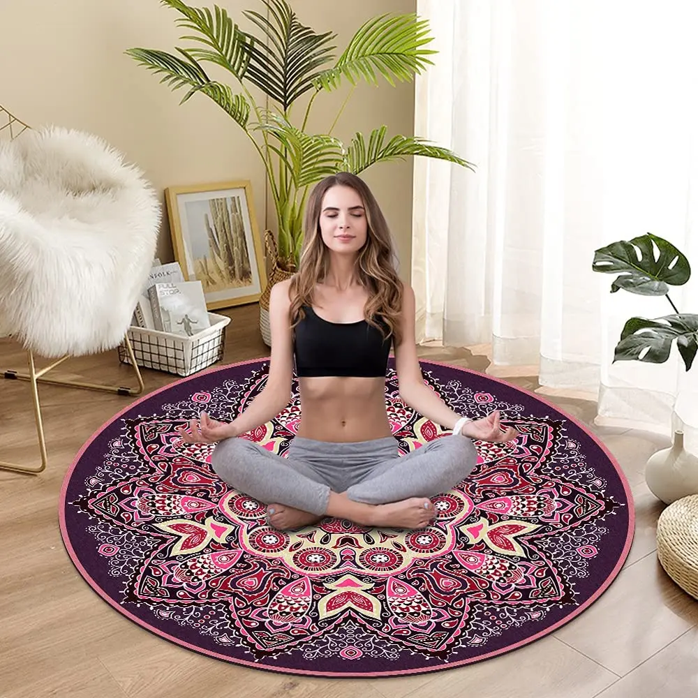 Manufacturer customized circle Printed suede Natural Rubber Eco Friendly Round Yoga Mat Routine Exercise Meditation