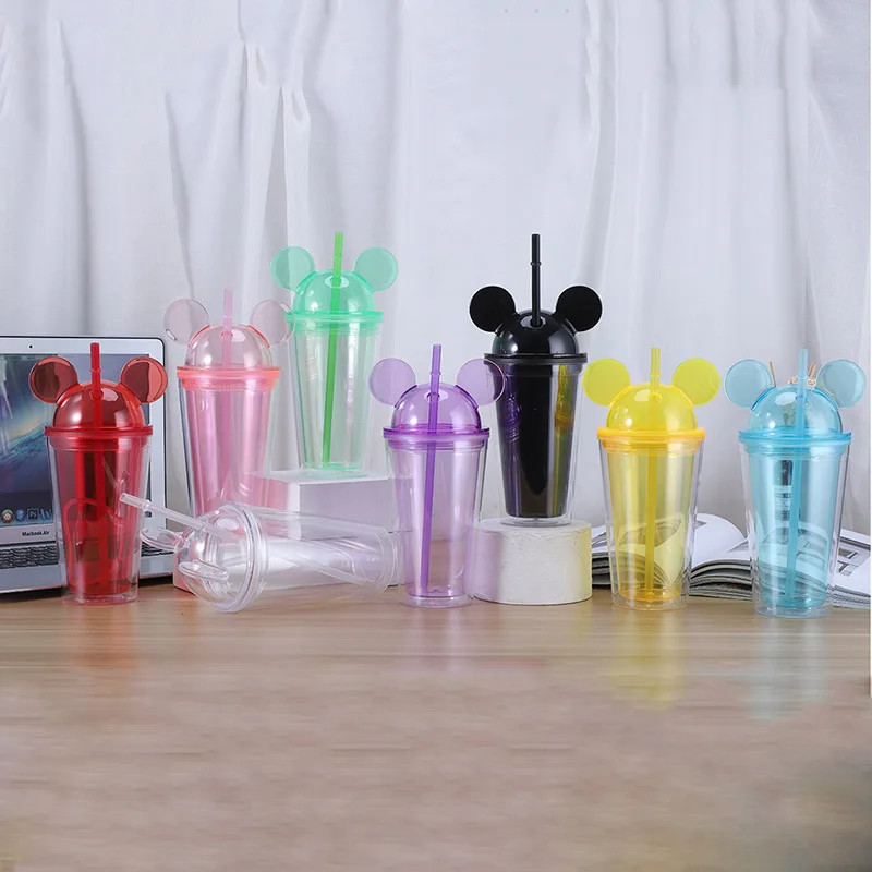 Wholesale custom double wall water tumbler plastic tumbler cups mouse shaped mugs with lid and straw in bulk
