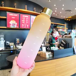 Color gradient outdoor bicycle water bottle 1000ml straight drinking plastic cup large mouth gradient rainbow metal lid plastic