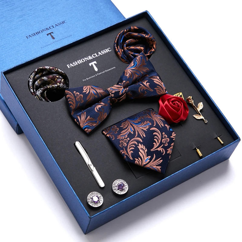 Luxury Silk Handmade Ties Hanky Cufflinks Bowtie Sets 7.5 cm Necktie Men Blue Golden Floral Wedding Party Birthday Gift