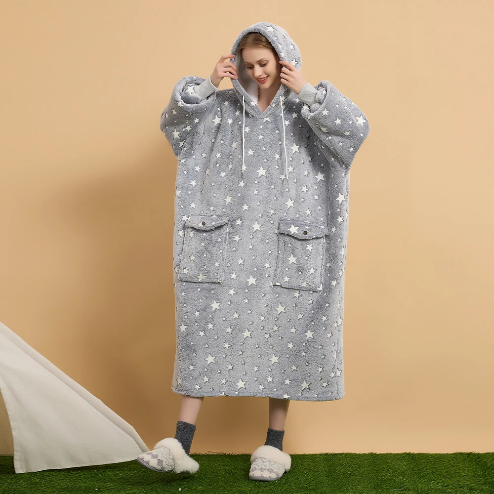 Long Oversize Sherpa Flannel Blanket Hoodie Big Pocket Blanket Sweatshirt For Women Men Teens