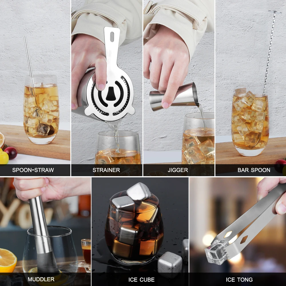 2022 New Arrivals Bar Tools Cocktail Shaker Set 23-Piece Stainless Steel Bartender Kit with Acrylic Stand 4 Whiskey Stones